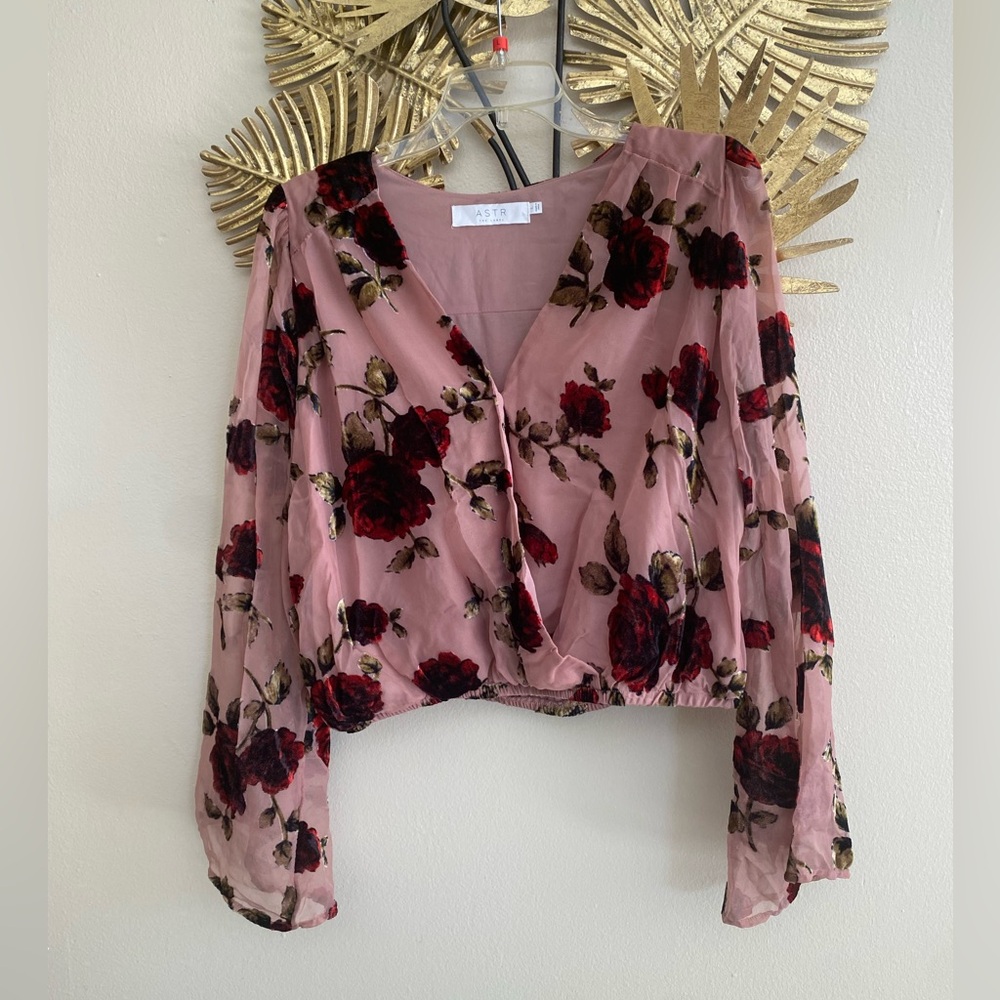 Astr Floral Burgundy and Pink Sheer Blouse - Picture 1 of 5